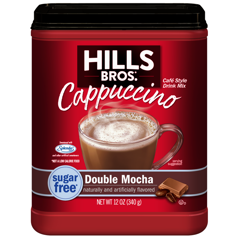 A 12 oz container of Hills Bros. Cappuccino Sugar-Free Double Mocha Instant Cappuccino Mix, featuring an image of a mocha beverage in a cup on the front.