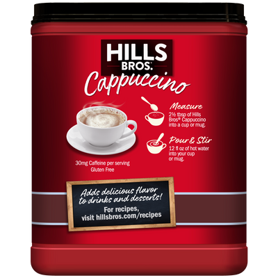 A red container of Hills Bros. Cappuccino Sugar-Free Double Mocha Instant Cappuccino Mix with instructions to measure, pour, and stir, plus a note about recipes and product features like 30mg caffeine per serving and gluten-free; also available in delicious original double mocha and other sugar free cappuccino varieties.