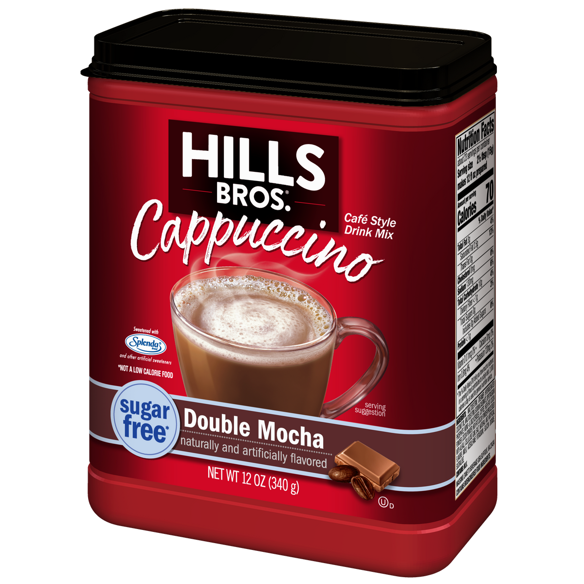 A 12 oz container of Hills Bros. Cappuccino Sugar-Free Double Mocha Instant Cappuccino Mix features a sugar-free cappuccino recipe. The mix comes in packaging with a red label and showcases an enticing photo of a cappuccino mug on the front.