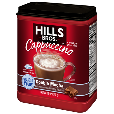 A 12 oz container of Hills Bros. Cappuccino Sugar-Free Double Mocha Instant Cappuccino Mix features a sugar-free cappuccino recipe. The mix comes in packaging with a red label and showcases an enticing photo of a cappuccino mug on the front.