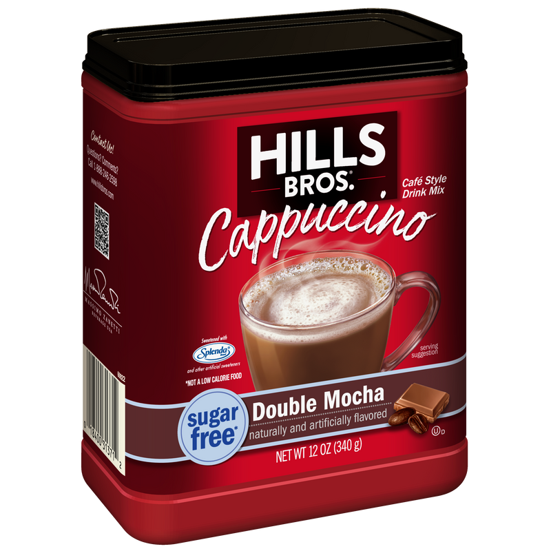 A red canister of Hills Bros. Cappuccino Sugar-Free Double Mocha - Instant Cappuccino Mix, displaying an image of a cappuccino in a clear mug alongside a piece of chocolate on the label.