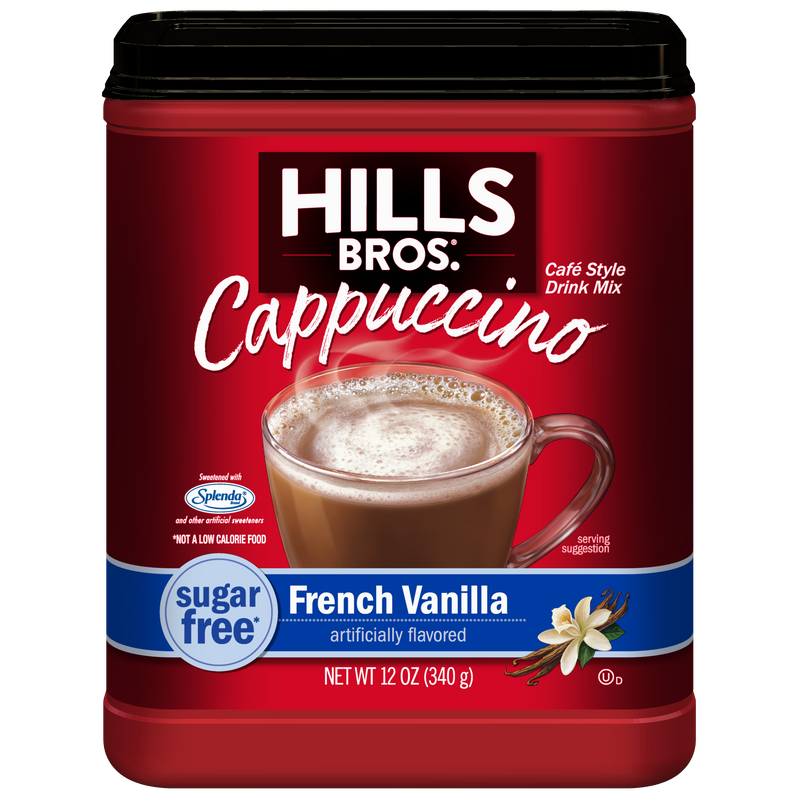 A red container of Hills Bros. Cappuccino Sugar-Free French Vanilla Instant Cappuccino Mix, featuring a mug filled with frothy French vanilla cappuccino and a vanilla flower graphic. Enjoy this low-calorie option for a delightful sugar-free treat.