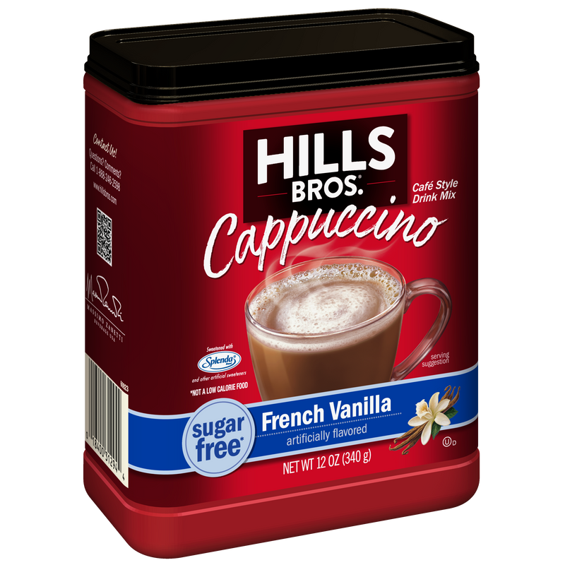 A red container of Hills Bros. Cappuccino Sugar-Free French Vanilla Instant Cappuccino Mix, featuring an image of a cappuccino in a mug on the front. Enjoy this delicious sugar-free French vanilla instant cappuccino as a low calorie treat.