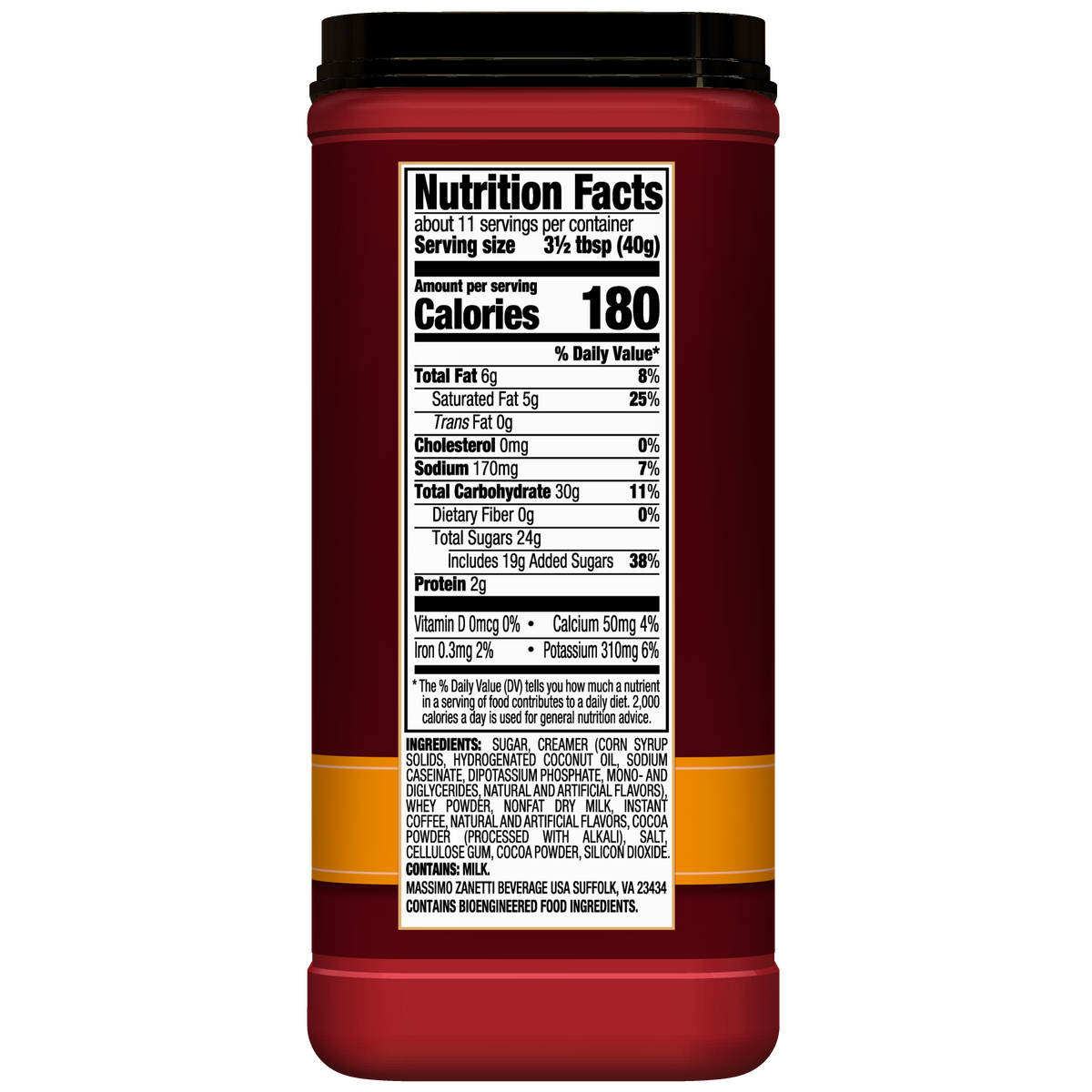 Back of a red Hills Bros. Cappuccino container displaying the nutrition facts label and ingredients list for their White Chocolate Caramel Instant Cappuccino Mix, including details on serving size, calories, fat, cholesterol, sodium, carbohydrates, sugars, protein, and vitamins.
