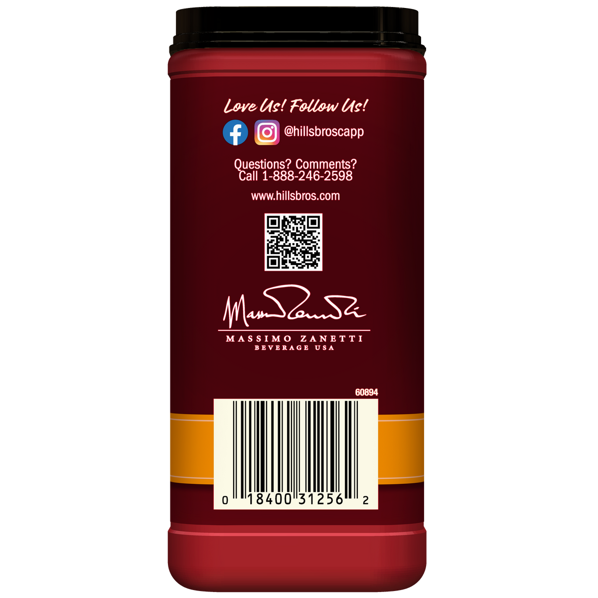 Back of a Hills Bros. Cappuccino container displaying social media icons, a contact phone number, QR code, Hills Bros. Cappuccino logo, barcode, and text about their White Chocolate Caramel Instant Cappuccino Mix on a maroon background.