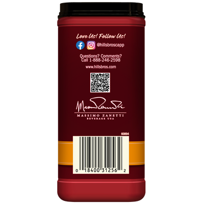 Back of a Hills Bros. Cappuccino container displaying social media icons, a contact phone number, QR code, Hills Bros. Cappuccino logo, barcode, and text about their White Chocolate Caramel Instant Cappuccino Mix on a maroon background.
