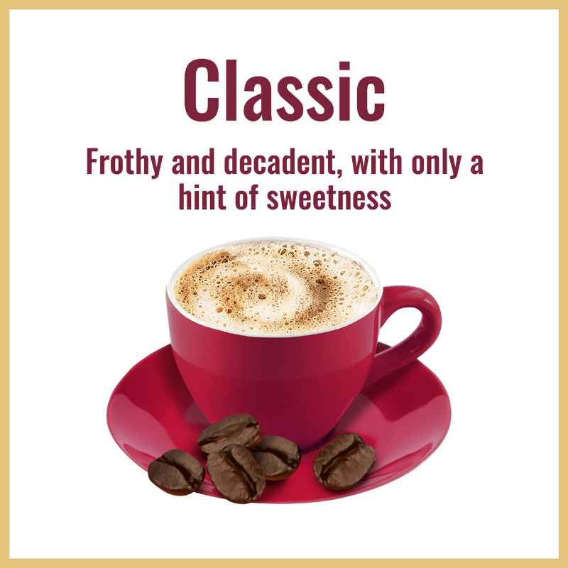 A frothy cup of Hills Bros.® Instant Cappuccino in a red saucer, accompanied by three coffee beans, with the text "classic - frothy and decadent, with only.