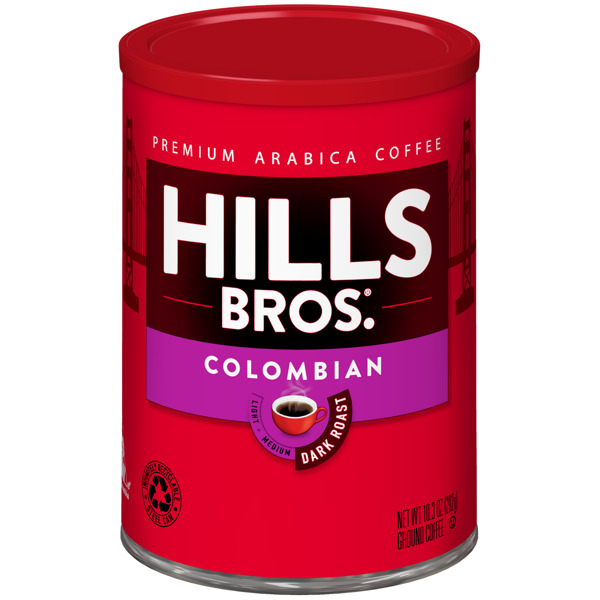 A red can of Hills Bros. Coffee Colombian - Dark Roast - Ground, featuring premium arabica coffee beans and a small cup of coffee pictured on the label.