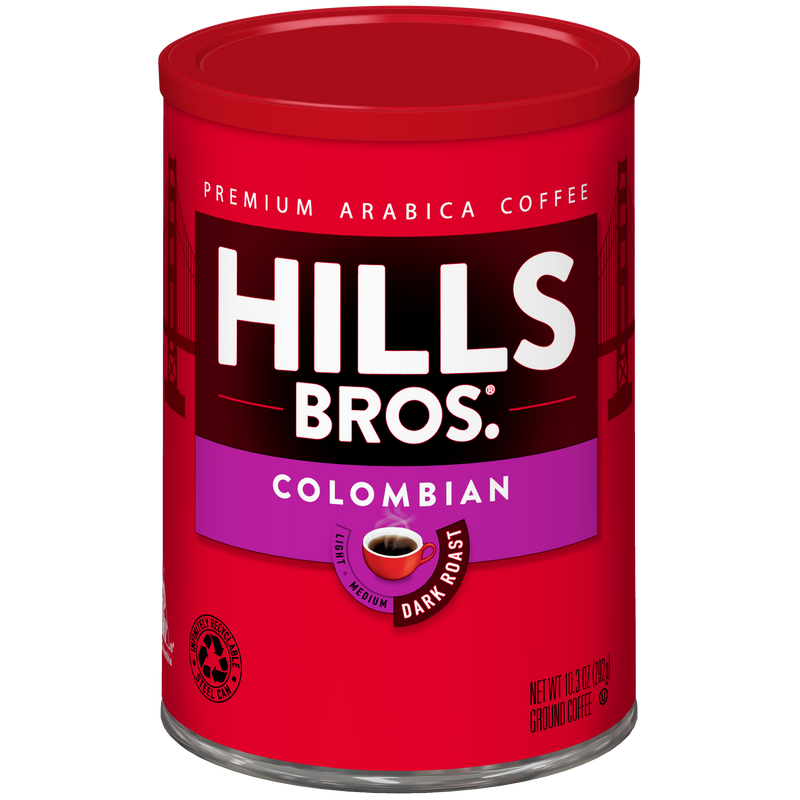 A red can of Hills Bros. Coffee Colombian - Dark Roast - Ground, featuring premium arabica coffee beans and a small cup of coffee pictured on the label.