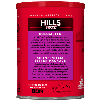 A red canister of Hills Bros. Coffee Colombian Dark Roast Ground features product information and sustainability details on the front label, proudly highlighting its rich blend of arabica coffee beans.