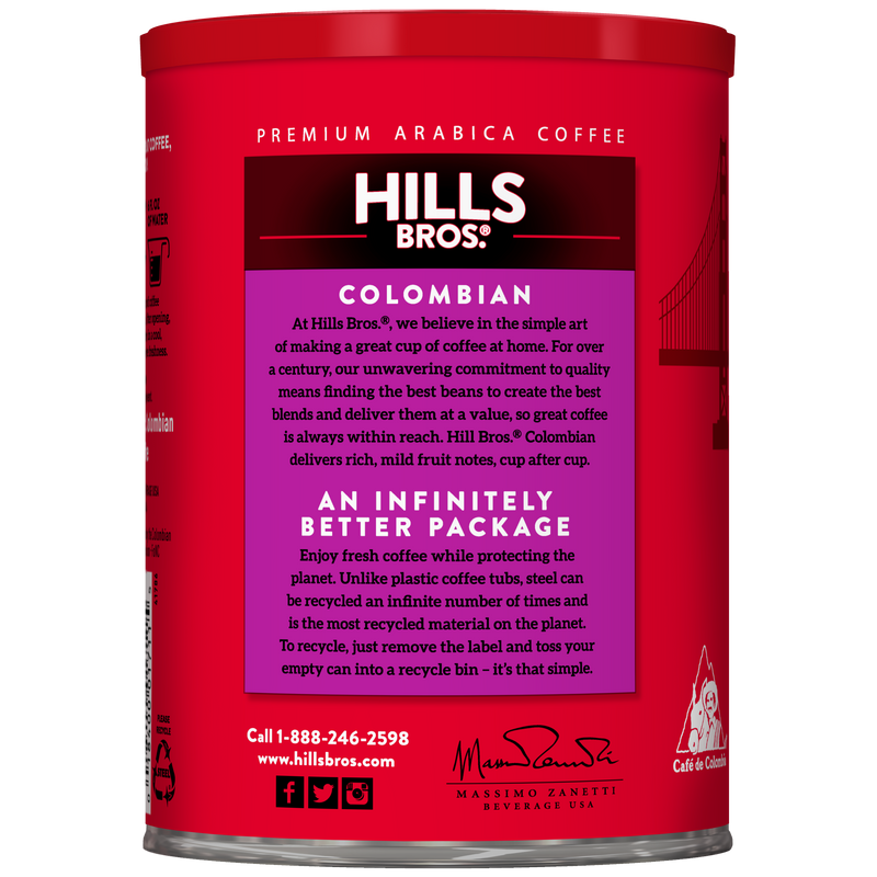 A red canister of Hills Bros. Coffee Colombian Dark Roast Ground features product information and sustainability details on the front label, proudly highlighting its rich blend of arabica coffee beans.