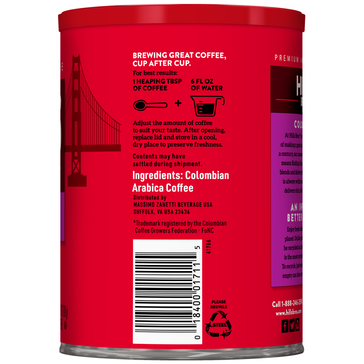 A red canister of Hills Bros. Coffee Colombian - Dark Roast - Ground displays brewing instructions, ingredients featuring Colombian dark roast arabica coffee beans, a barcode, and a silhouette of the Golden Gate Bridge on the left side.