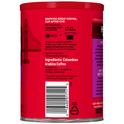 A red canister of Hills Bros. Coffee Colombian - Dark Roast - Ground displays brewing instructions, ingredients featuring Colombian dark roast arabica coffee beans, a barcode, and a silhouette of the Golden Gate Bridge on the left side.