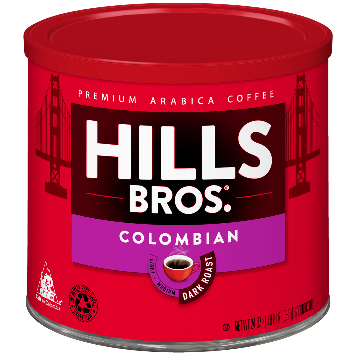 A 24.2 oz red can of Hills Bros. Coffee Colombian Dark Roast ground coffee, with the Golden Gate Bridge in the background.