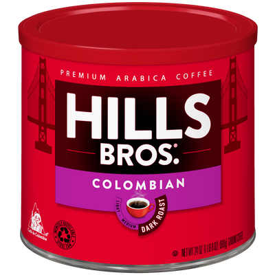 A 24.2 oz red can of Hills Bros. Coffee Colombian Dark Roast ground coffee, with the Golden Gate Bridge in the background.