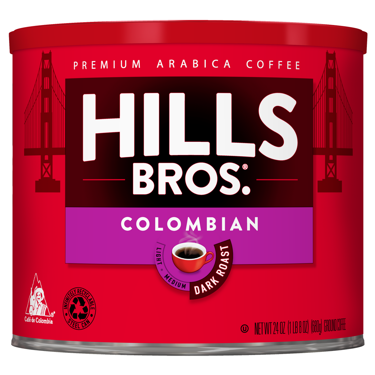 A red can of Hills Bros. Coffee Colombian Dark Roast Ground, made from premium arabica coffee beans, features the iconic Golden Gate Bridge graphic and product details on the label.