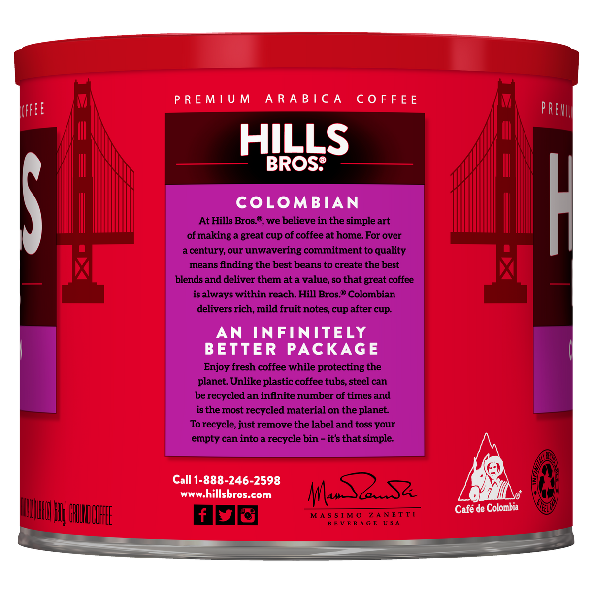 A red can of Hills Bros. Coffee Colombian Dark Roast Ground, featuring descriptions, recycling details, company contact information, and illustrations of the Golden Gate Bridge and a coffee farmer. Made from 100% Arabica coffee beans.