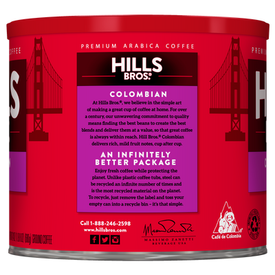 A red can of Hills Bros. Coffee Colombian Dark Roast Ground, featuring descriptions, recycling details, company contact information, and illustrations of the Golden Gate Bridge and a coffee farmer. Made from 100% Arabica coffee beans.