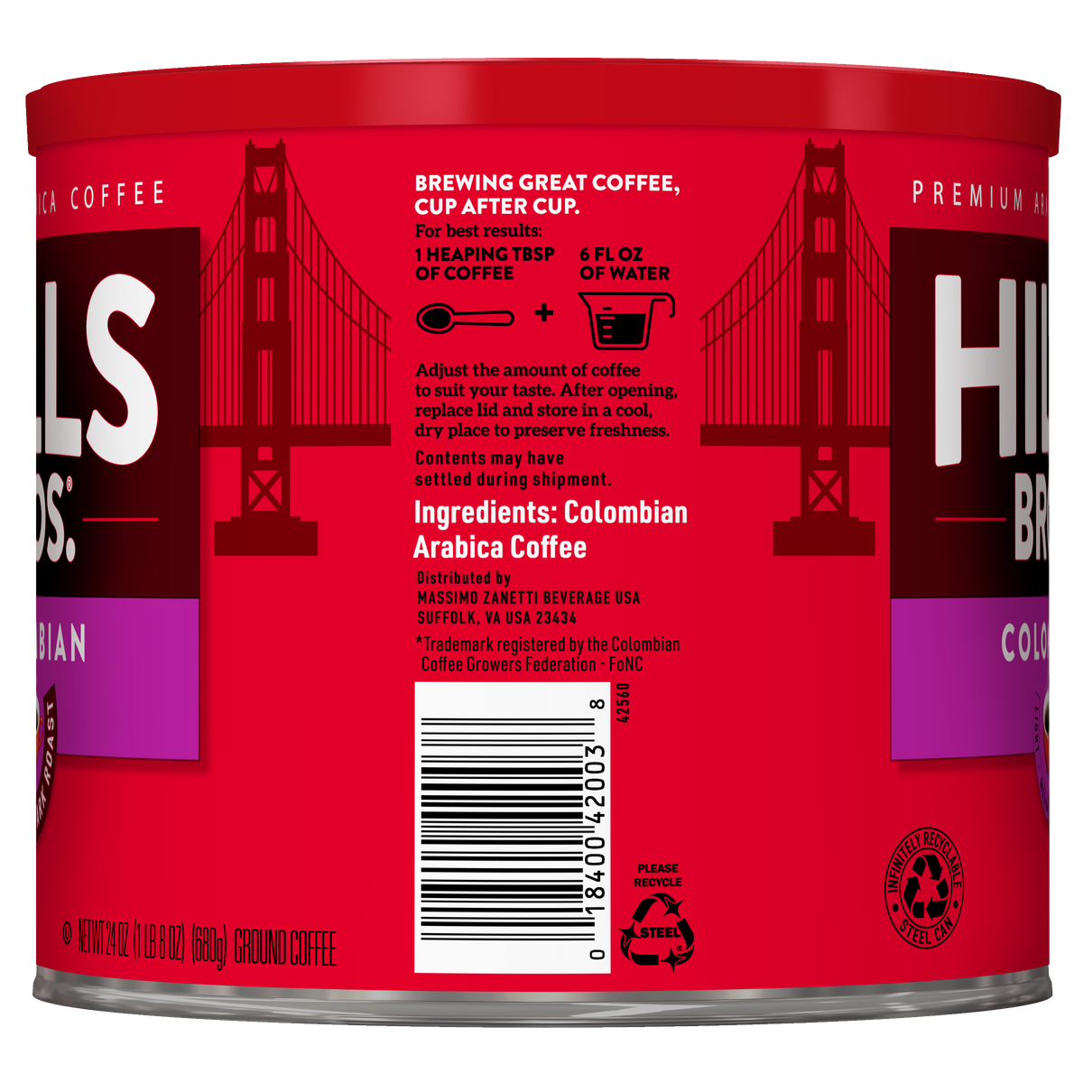 A red can of Hills Bros. Coffee Colombian Dark Roast Ground, made from premium Arabica beans, featuring preparation instructions, an ingredients list, distributor information, and a barcode.