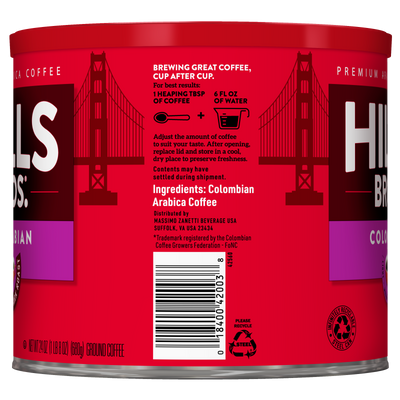 A red can of Hills Bros. Coffee Colombian Dark Roast Ground, made from premium Arabica beans, featuring preparation instructions, an ingredients list, distributor information, and a barcode.