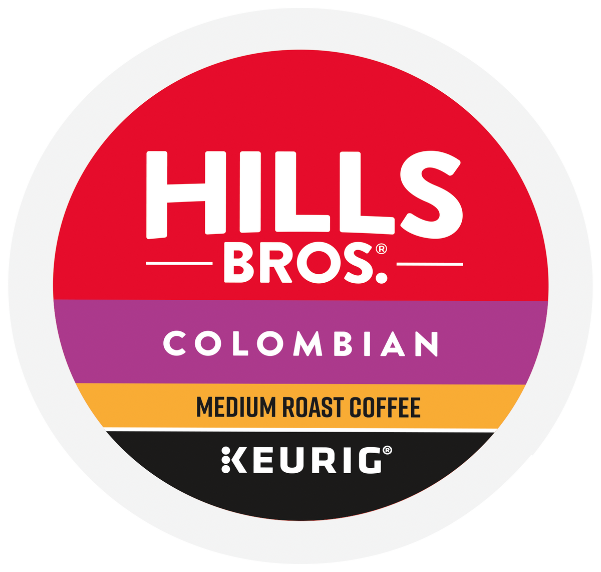 Hills Bros. Coffee Colombian Medium Roast K-Cup® Pod label with red, purple, and yellow bands, displaying the Keurig logo and emphasizing premium Arabica beans for a rich and smooth brew.