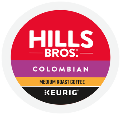 Hills Bros. Coffee Colombian Medium Roast K-Cup® Pod label with red, purple, and yellow bands, displaying the Keurig logo and emphasizing premium Arabica beans for a rich and smooth brew.