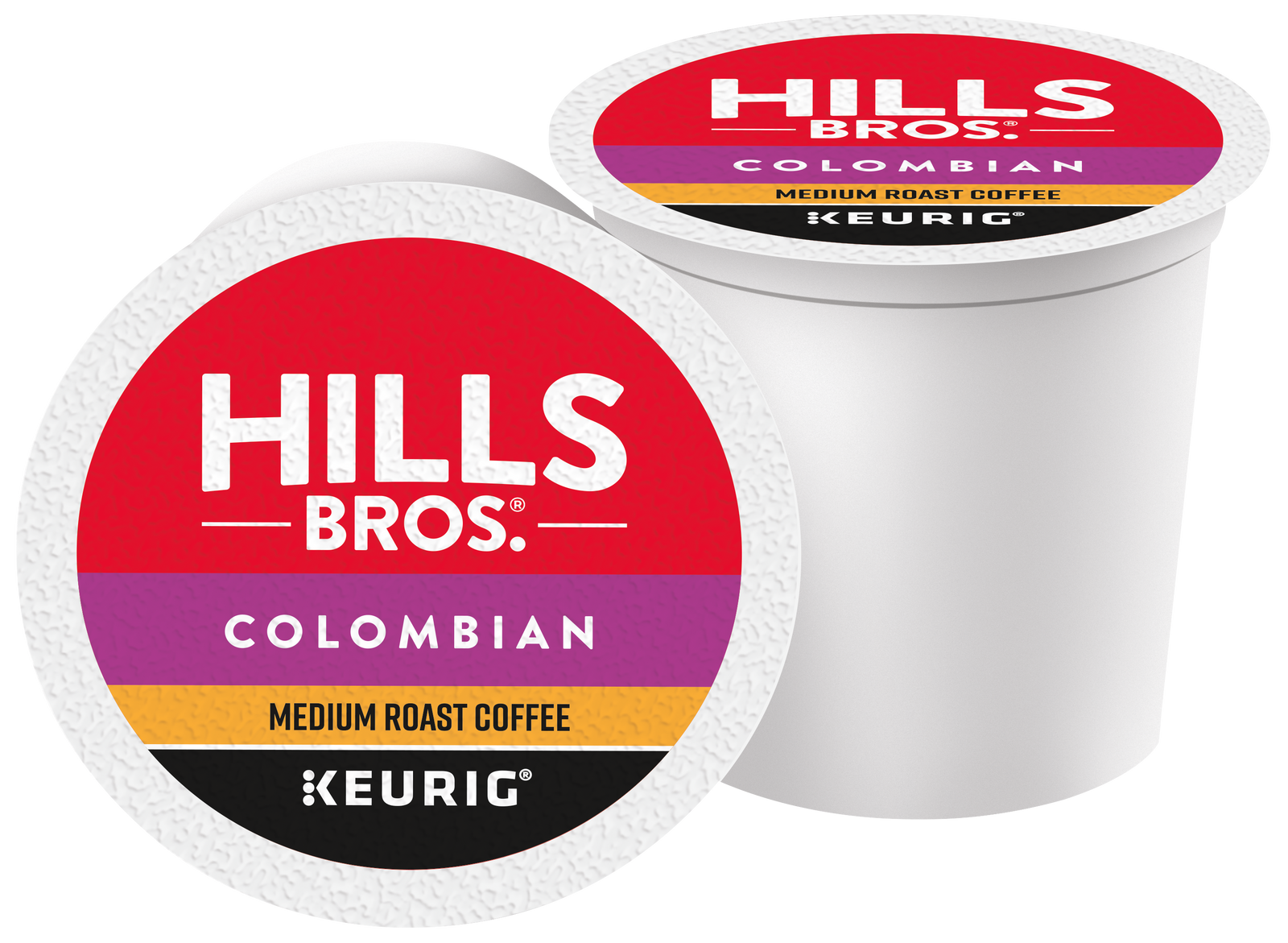 Two single-serve K-Cup® pods labeled “Hills Bros. Coffee Colombian - Medium Roast,” featuring bold red, purple, and yellow accents on the lids. Expertly crafted from premium Arabica beans, this medium roast Colombian coffee offers a rich and smooth cup every time.