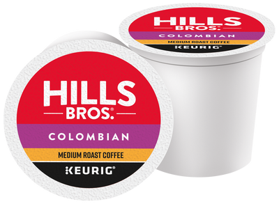 Two single-serve K-Cup® pods labeled “Hills Bros. Coffee Colombian - Medium Roast,” featuring bold red, purple, and yellow accents on the lids. Expertly crafted from premium Arabica beans, this medium roast Colombian coffee offers a rich and smooth cup every time.