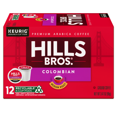 Here is a revised version of your sentence using the provided product data: A red box of Hills Bros. Coffee Colombian - Medium Roast K-Cup® Pods, made from premium Arabica beans, featuring 12 recyclable pods and displaying the Golden Gate Bridge along with product details.