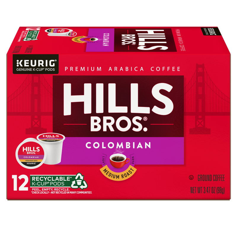 Here is a revised version of your sentence using the provided product data: A red box of Hills Bros. Coffee Colombian - Medium Roast K-Cup® Pods, made from premium Arabica beans, featuring 12 recyclable pods and displaying the Golden Gate Bridge along with product details.