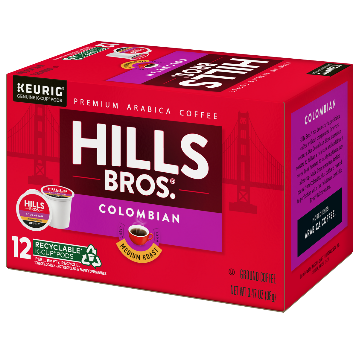 A red box of Hills Bros. Coffee Colombian Medium Roast K-Cup® Pods, containing 12 premium Arabica coffee pods in recyclable packaging, with Golden Gate Bridge graphics in the background.
