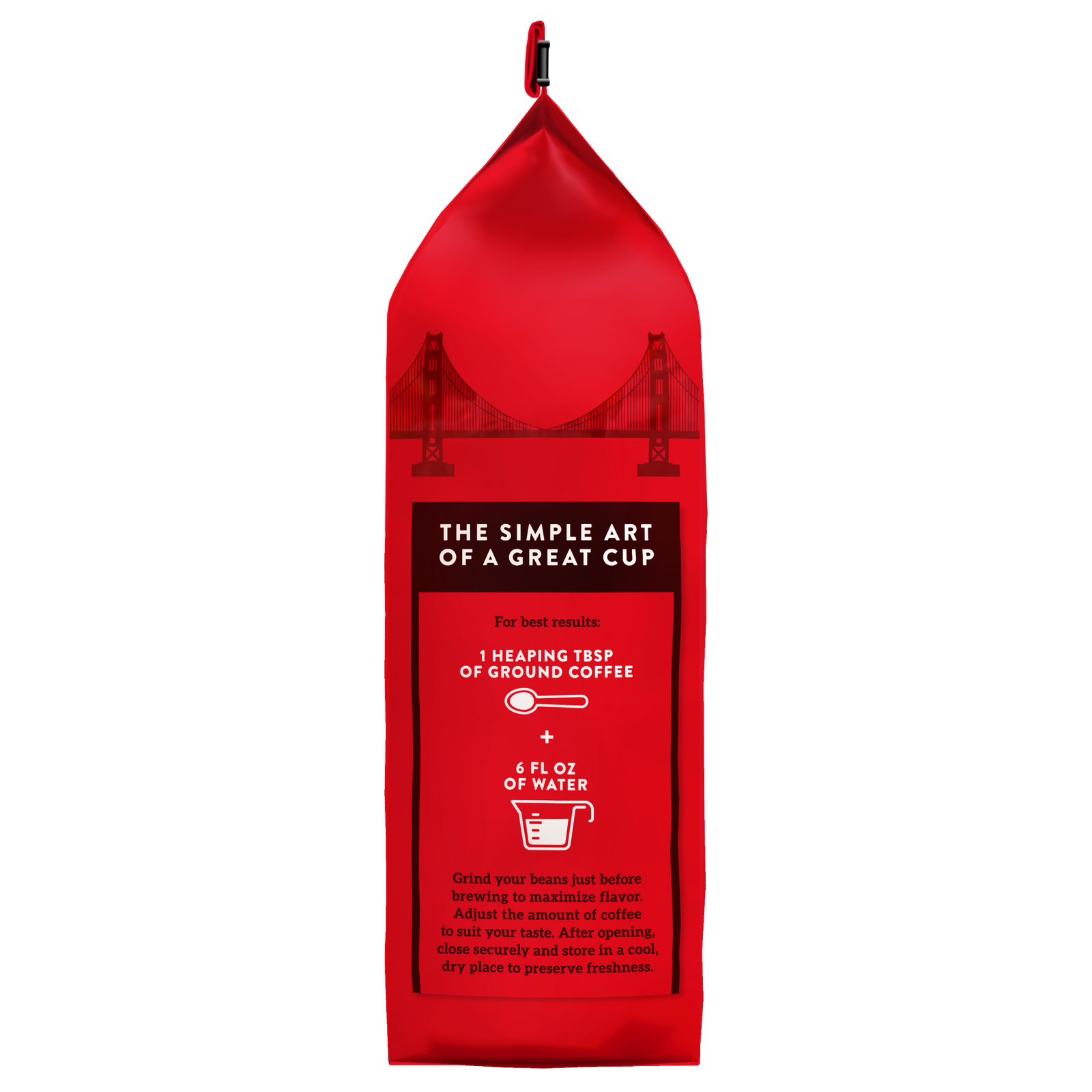 Hills Bros. Coffee 100% Colombian Medium Roast Whole Bean - Premium Arabica coffee comes in a red bag featuring an illustration of the Golden Gate Bridge at the top, along with brewing instructions: use 1 heaping tablespoon of this whole bean premium Arabica coffee with 6 fl oz of water.