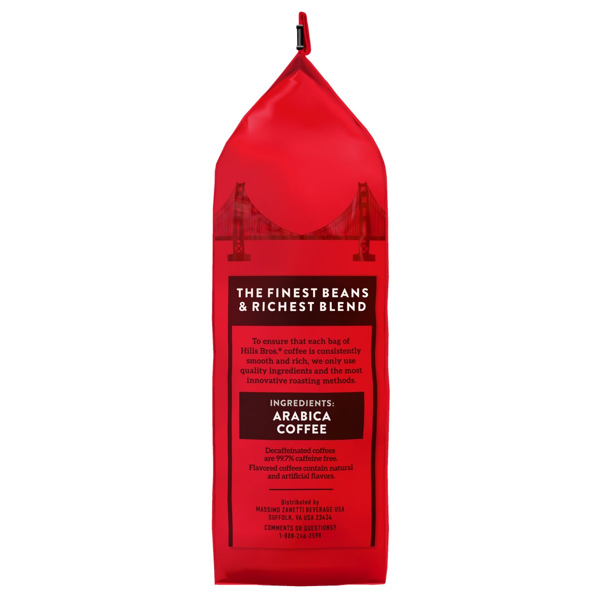 A red bag of Hills Bros. Coffee 100% Colombian Medium Roast Whole Bean, made from premium Arabica beans, featuring the Golden Gate Bridge and product details printed in white and black text.