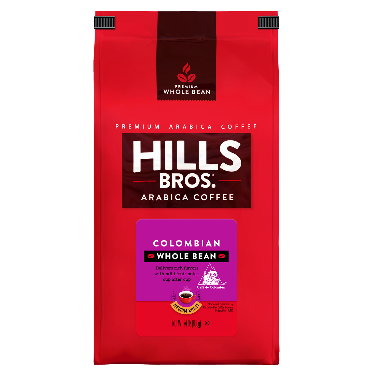 A red bag of Hills Bros. Coffee 100% Colombian Medium Roast Whole Bean, crafted from premium Arabica beans, features purple and yellow label accents highlighting flavor notes and a net weight of 24 oz (680g).