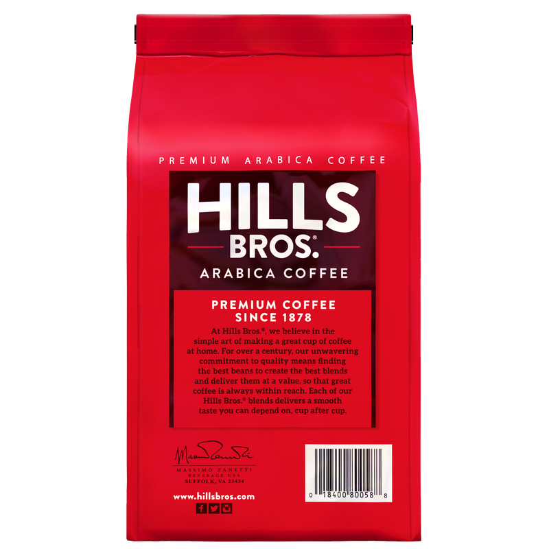 A red bag of Hills Bros. Coffee 100% Colombian - Medium Roast - Whole Bean, made from premium Arabica beans, with product information printed in white and gold text on the front.