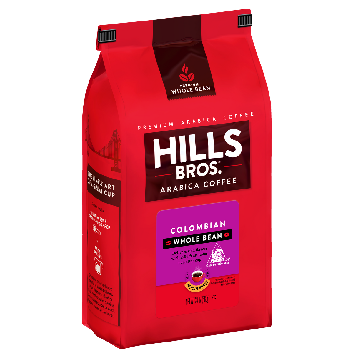 A red bag of Hills Bros. Coffee 100% Colombian - Medium Roast - Whole Bean - Premium Arabica, 28 ounces, featuring premium packaging and detailed information about the whole bean coffee made from top-quality Arabica beans.