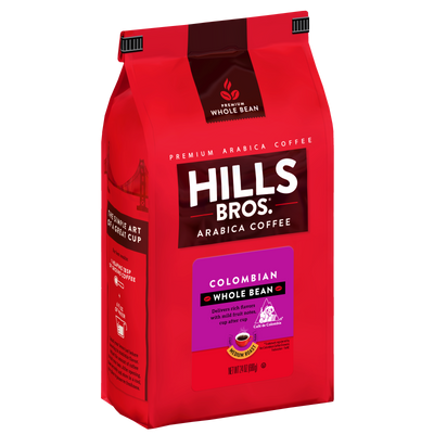 A red bag of Hills Bros. Coffee 100% Colombian - Medium Roast - Whole Bean - Premium Arabica, 28 ounces, featuring premium packaging and detailed information about the whole bean coffee made from top-quality Arabica beans.