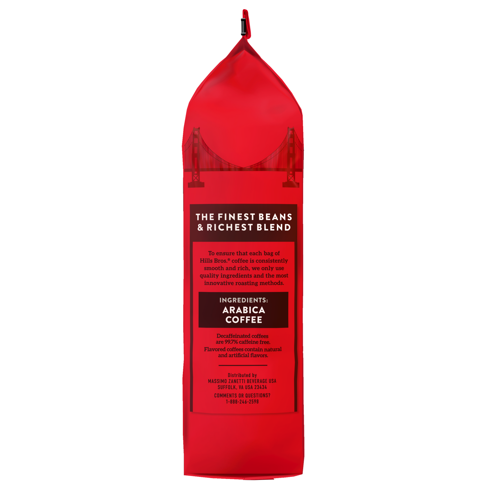 A red coffee bag features the Hills Bros. Coffee logo and showcases their “100% Colombian - Medium Roast - Whole Bean - Premium Arabica” selection, with text detailing ingredients and distributor information, plus a graphic of a bridge at the top.