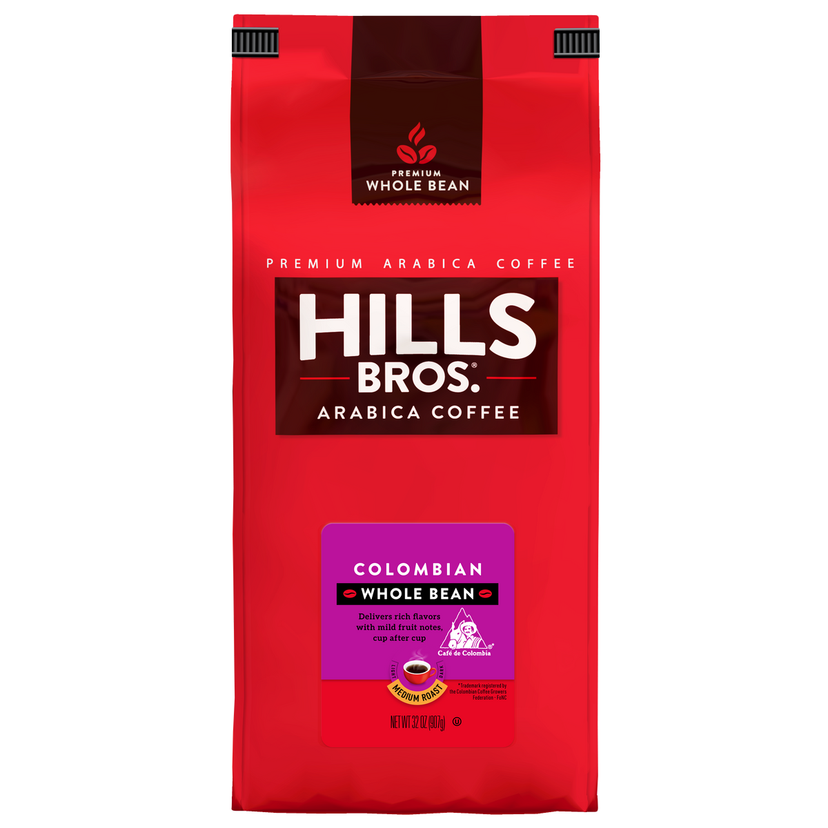 A red bag of Hills Bros. Coffee 100% Colombian Medium Roast whole bean Premium Arabica coffee, featuring labeled packaging and a resealable top.