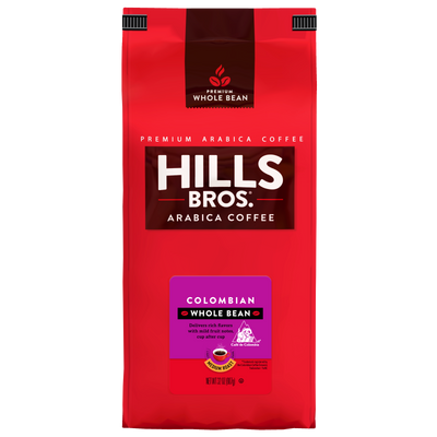 A red bag of Hills Bros. Coffee 100% Colombian Medium Roast whole bean Premium Arabica coffee, featuring labeled packaging and a resealable top.
