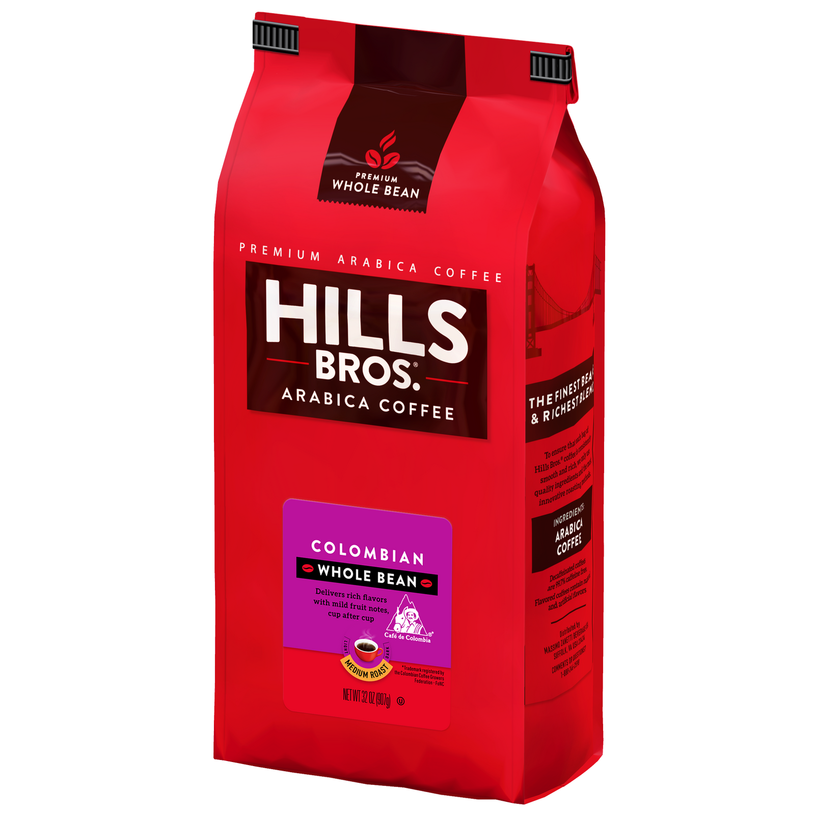 A red bag of Hills Bros. Coffee 100% Colombian Medium Roast Whole Bean Premium Arabica stands upright, showcasing the branding and product details on its front and side panels.
