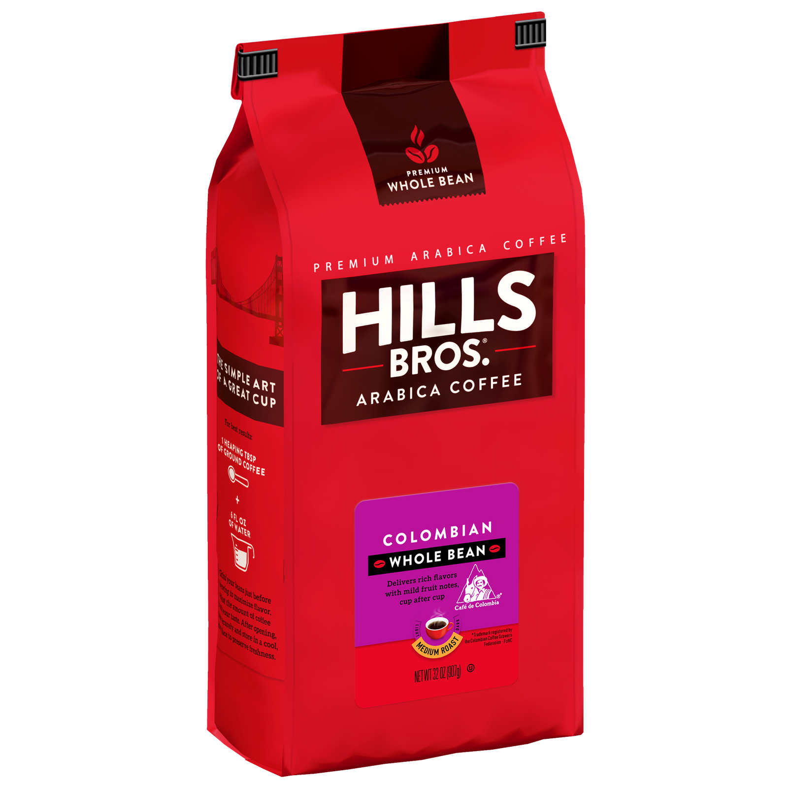 A red bag of Hills Bros. Coffee 100% Colombian Medium Roast Whole Bean Premium Arabica, featuring product information and a purple label on the front.