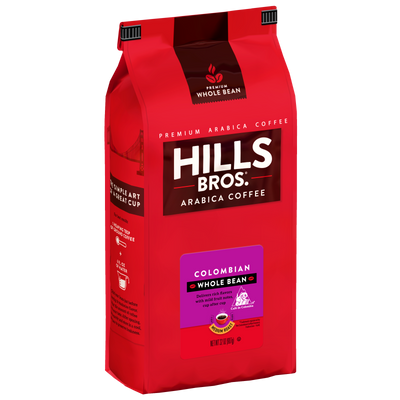 A red bag of Hills Bros. Coffee 100% Colombian Medium Roast Whole Bean Premium Arabica, featuring product information and a purple label on the front.