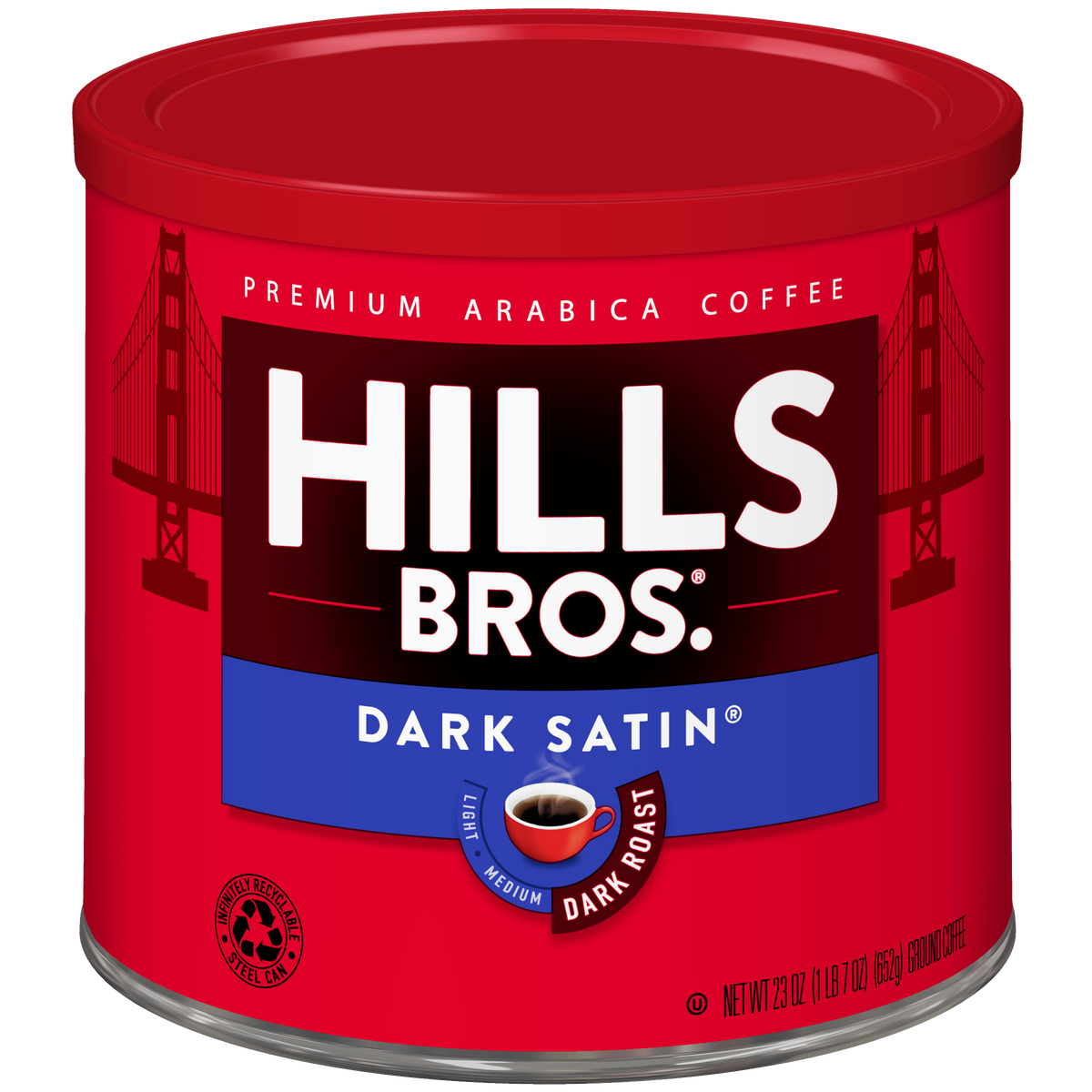 A 23 oz red can of Hills Bros. Coffee Dark Satin Dark Roast Ground, a premium Arabica coffee, featuring the Golden Gate Bridge on the label.