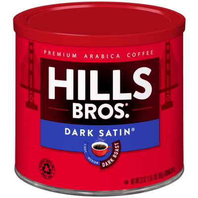 A 23 oz red can of Hills Bros. Coffee Dark Satin Dark Roast Ground, a premium Arabica coffee, featuring the Golden Gate Bridge on the label.
