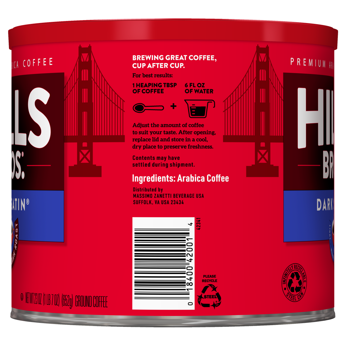 A red can of Hills Bros. Coffee features brewing instructions, ingredients, and a graphic of the Golden Gate Bridge on the label, showcasing their Dark Satin Dark Roast Ground coffee made from premium arabica beans.