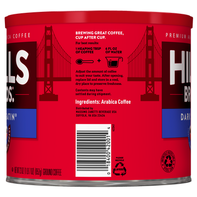 A red can of Hills Bros. Coffee features brewing instructions, ingredients, and a graphic of the Golden Gate Bridge on the label, showcasing their Dark Satin Dark Roast Ground coffee made from premium arabica beans.