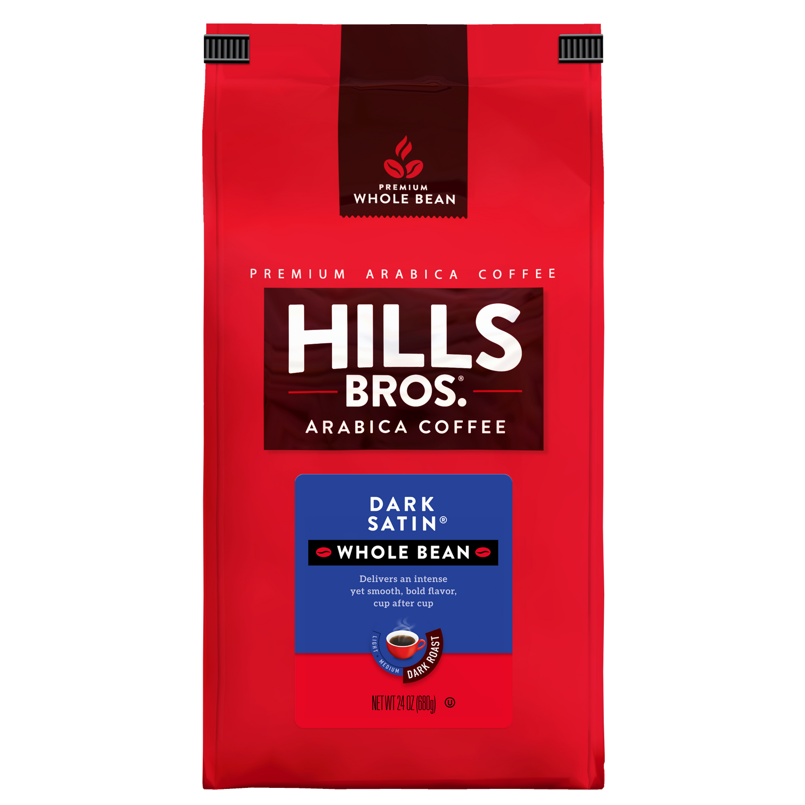 A red bag of Hills Bros. Coffee Dark Satin - Dark Roast - Whole Bean - Premium Arabica, 24 oz, featuring a dark blue label with product details and the brand logo. Made from premium Arabica coffee beans, this whole bean coffee offers a rich flavor perfect for true coffee enthusiasts.