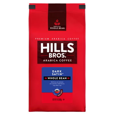 A red bag of Hills Bros. Coffee Dark Satin - Dark Roast - Whole Bean - Premium Arabica, 24 oz, featuring a dark blue label with product details and the brand logo. Made from premium Arabica coffee beans, this whole bean coffee offers a rich flavor perfect for true coffee enthusiasts.