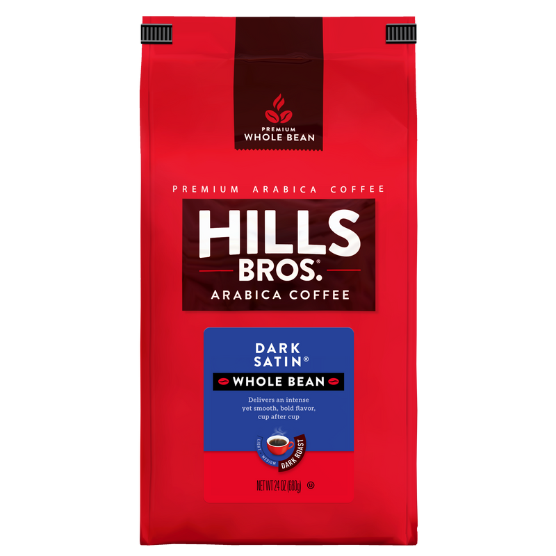 A red bag of Hills Bros. Coffee Dark Satin - Dark Roast - Whole Bean - Premium Arabica, 24 oz, featuring a dark blue label with product details and the brand logo. Made from premium Arabica coffee beans, this whole bean coffee offers a rich flavor perfect for true coffee enthusiasts.